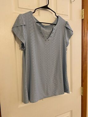 Light Blue Eyelet V-Neck Short Sleeve Top